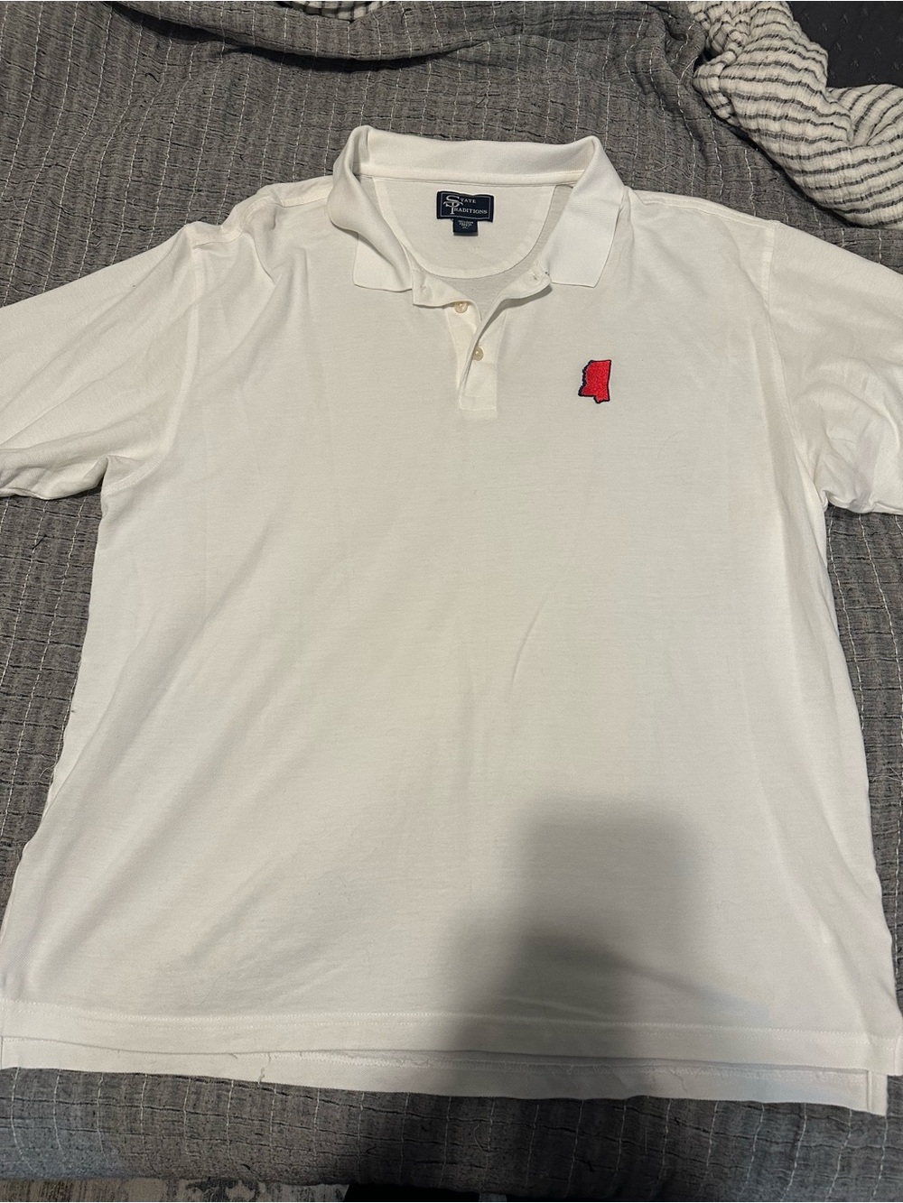 State Traditions Ole Miss White Polo Shirt with Red Mississippi Patch